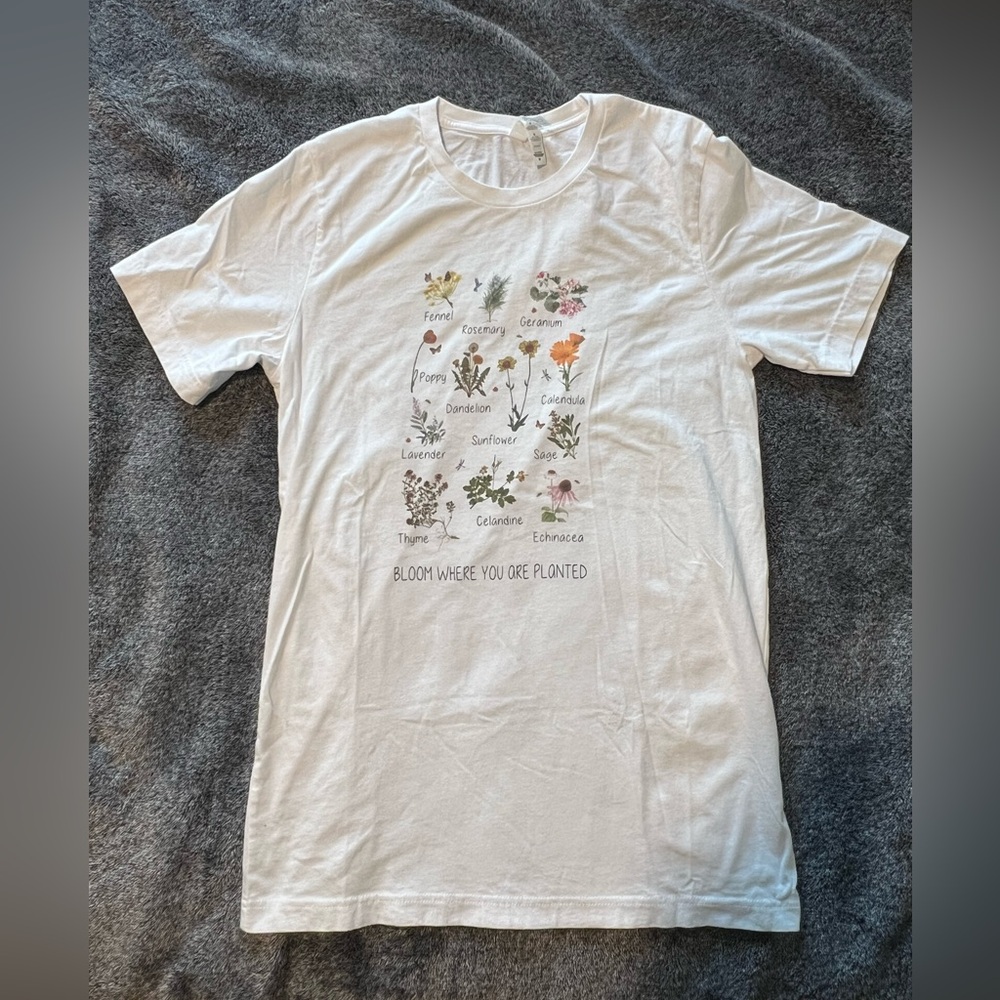 White Botanical Graphic Tee - "Bloom Where You Are Planted"